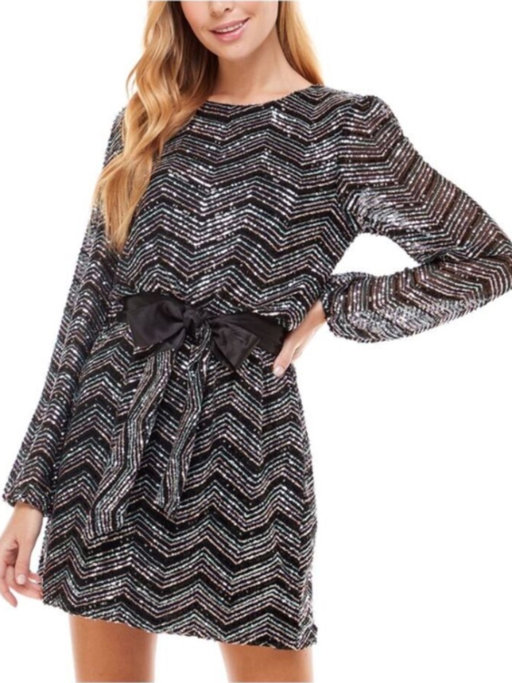 Crystal Doll Women's Chevron Sequin Long Sleeve Belted Party Mini Dress Size XS